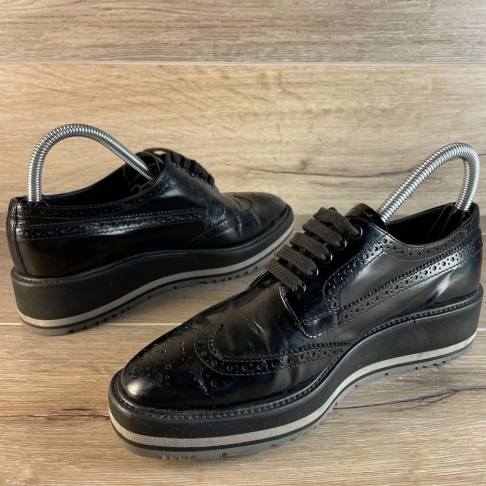 Prada Wingtip Brogue Oxford Platform Black  Patent Leather Shoes Size 38 - Picture 11 of 12